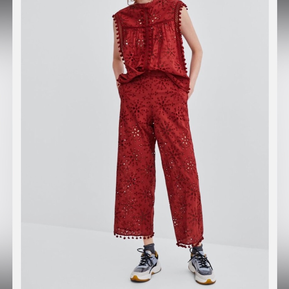 Zara Trafaluc Collection Eyelet Wide Leg Cullotte Pom Pants